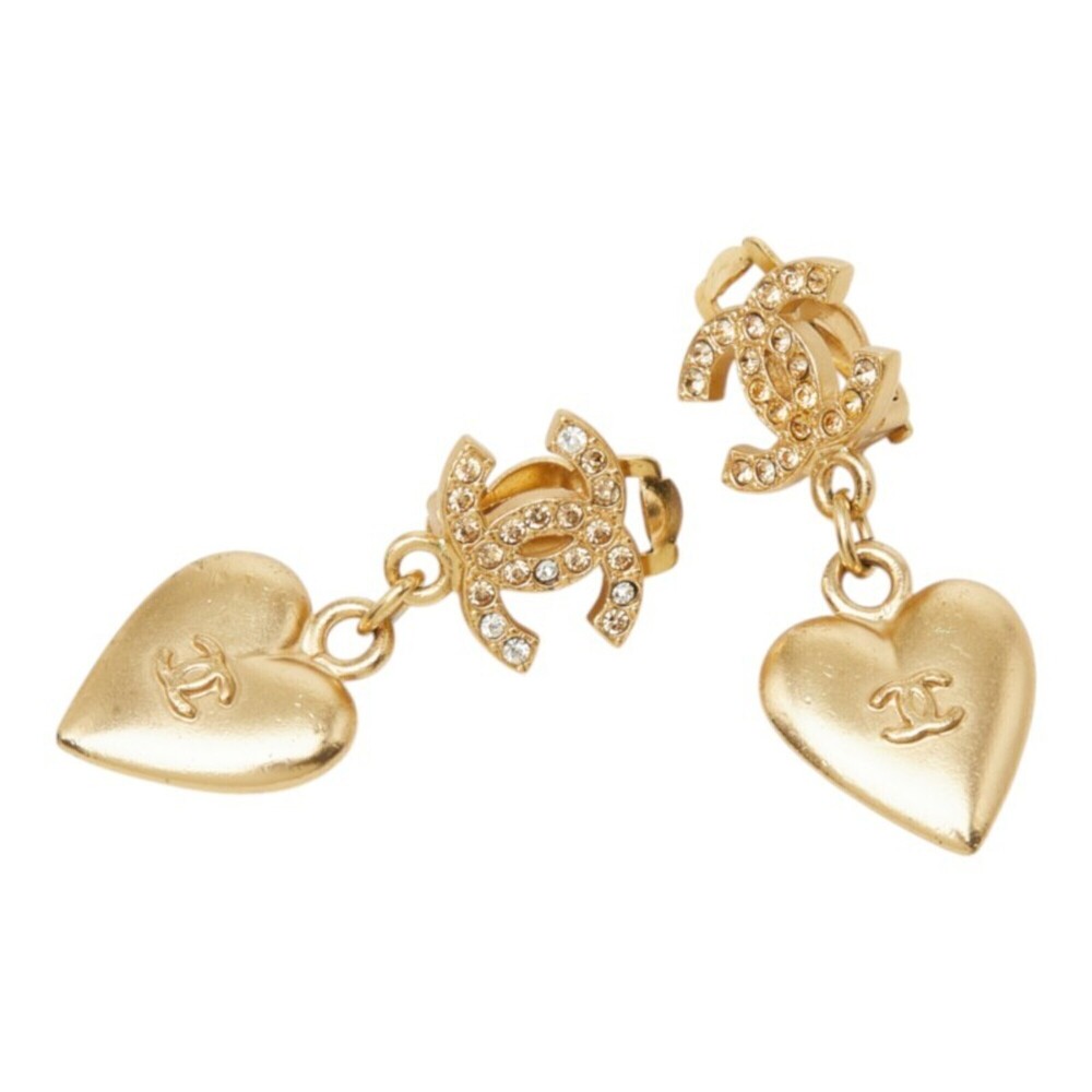 Chanel Coco Mark Heart Motif Earrings, Gold Plated Rhinestones, Women's CHANEL